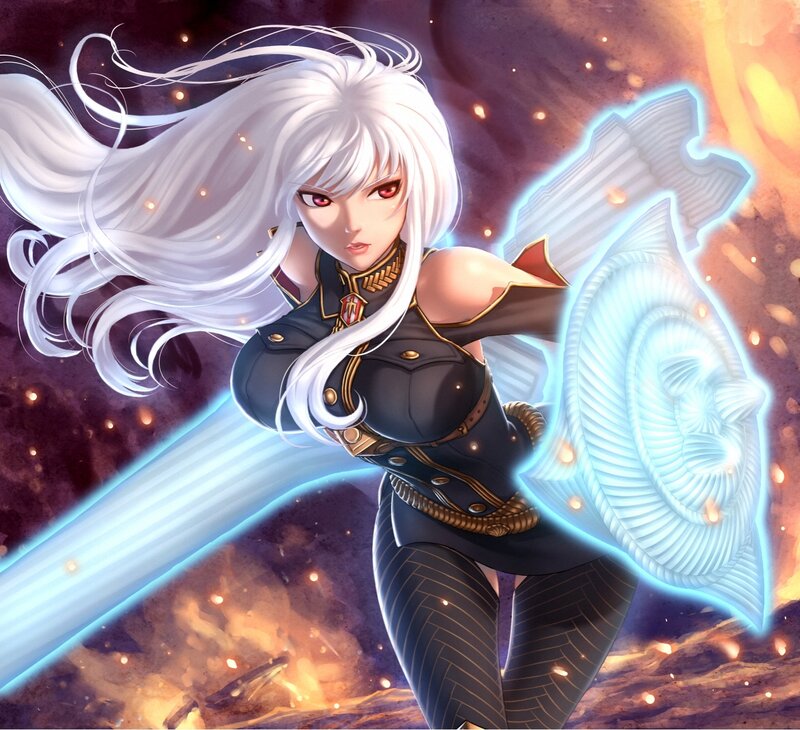 White-haired Warrior Woman — Black, Dramatic, Digital Art