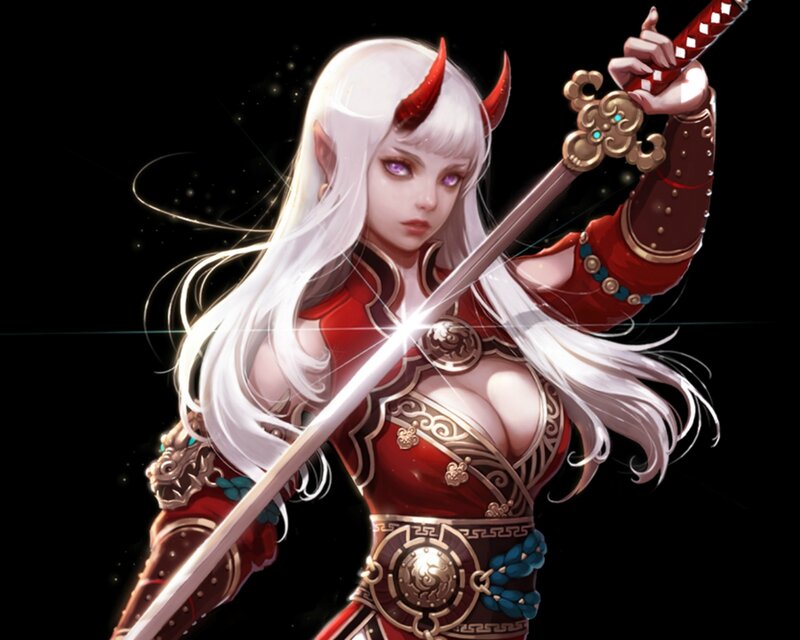 White-haired Warrior Woman — Red, Dramatic, Night