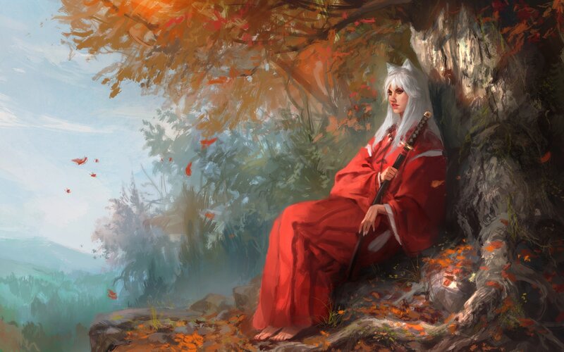 White-haired Warrior Woman — Red, Serene
