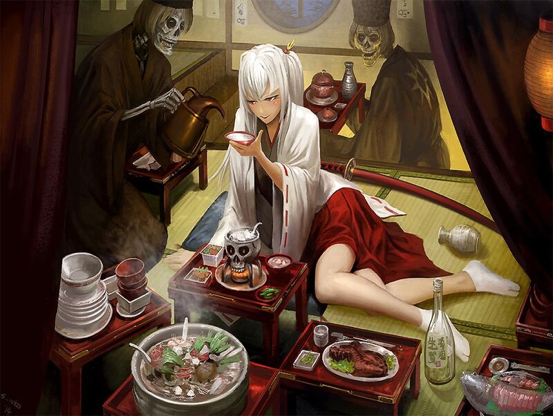 White-haired Woman Eating