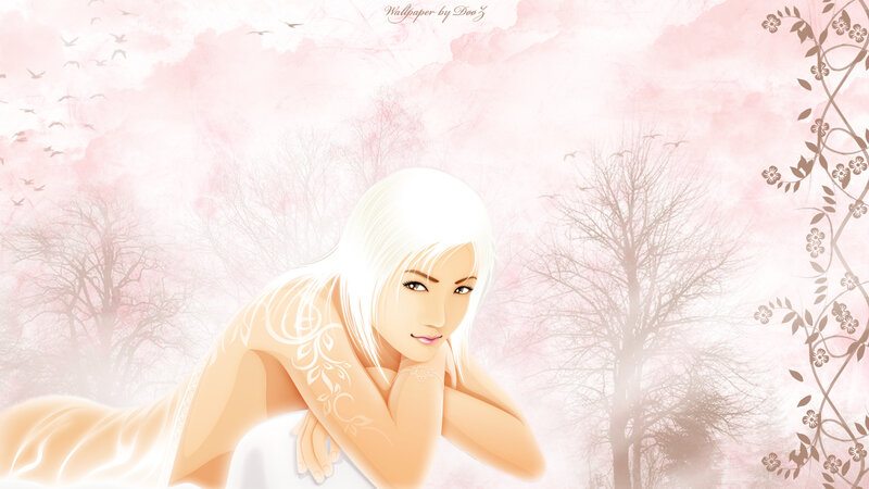 white-haired woman in pink forest