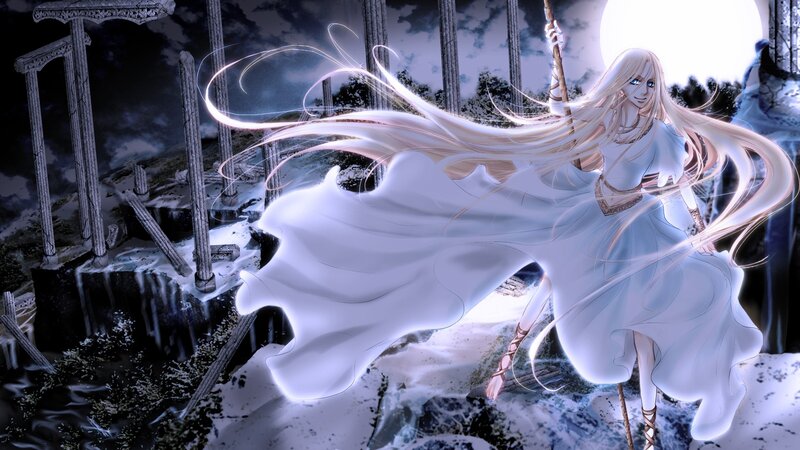white-haired woman in ruins