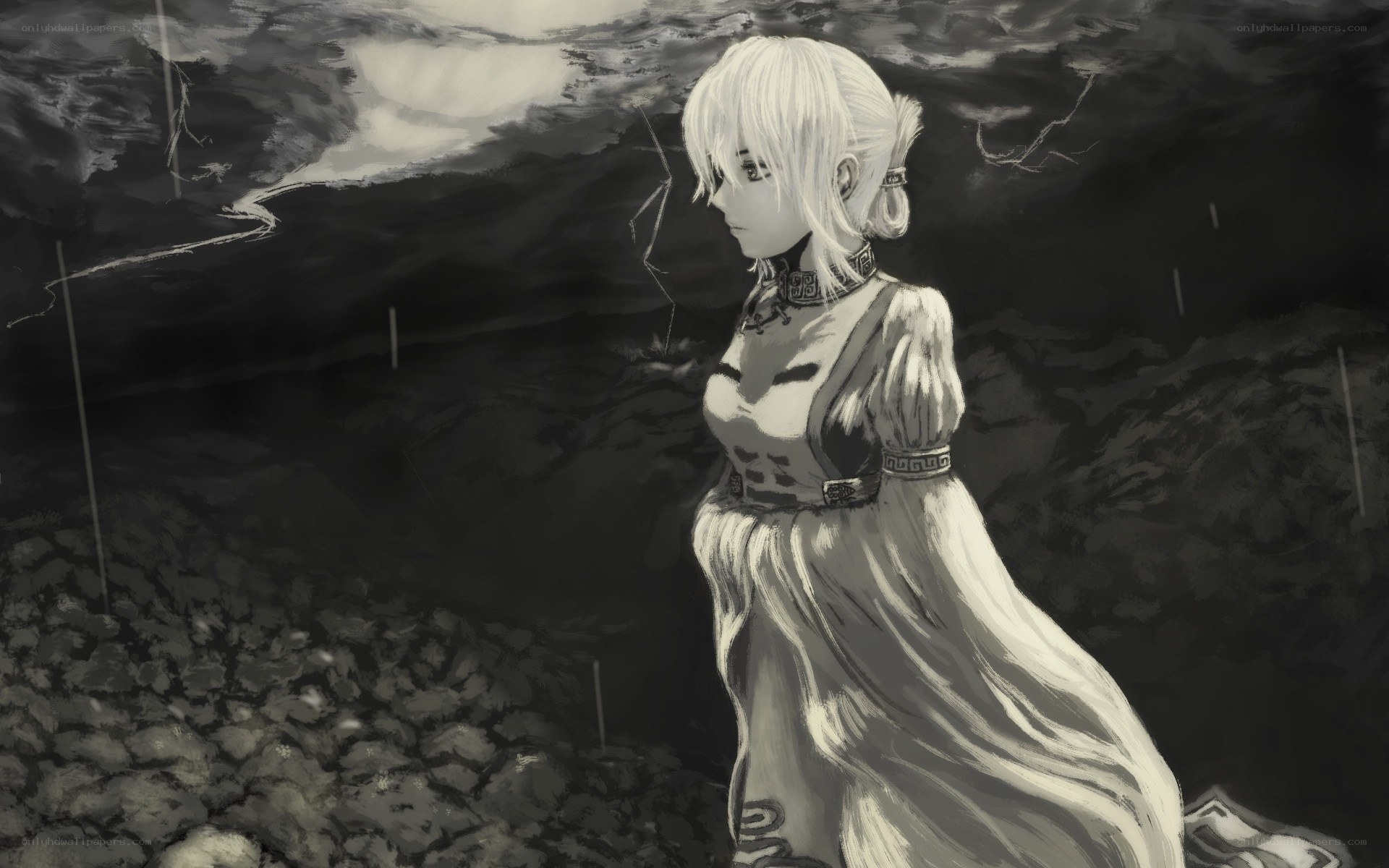 white-haired woman in storm