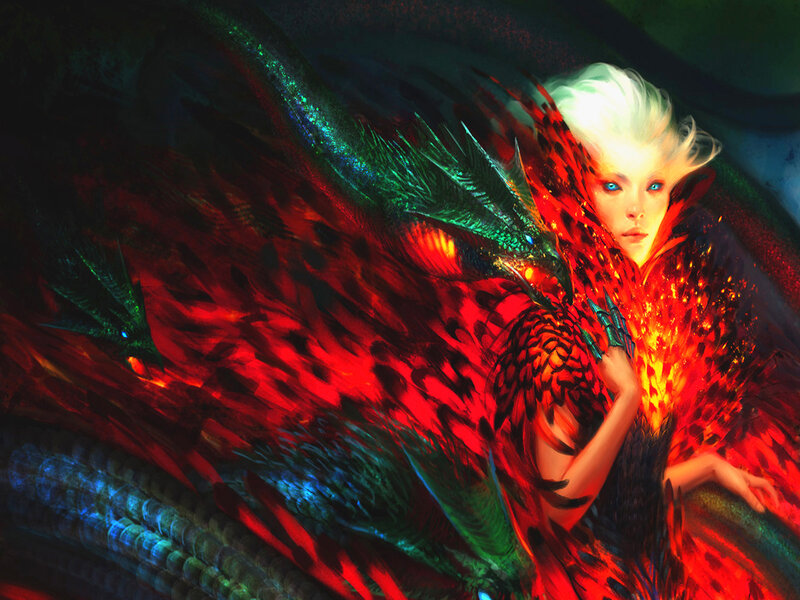 White-haired Woman with Dragon — Red