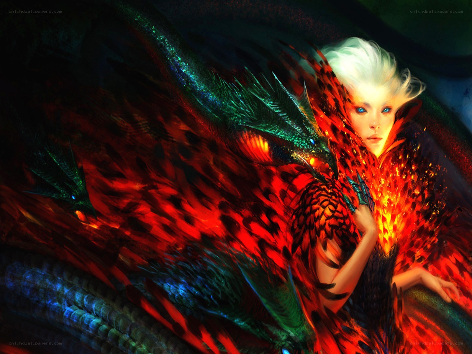 white-haired woman with dragon