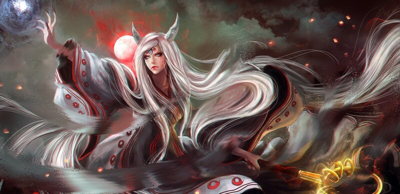 White-haired Woman with Horns