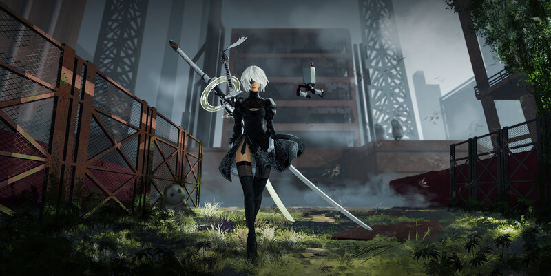 White-haired Woman with Sword — Black, Dramatic, Digital Art, Robot Drone
