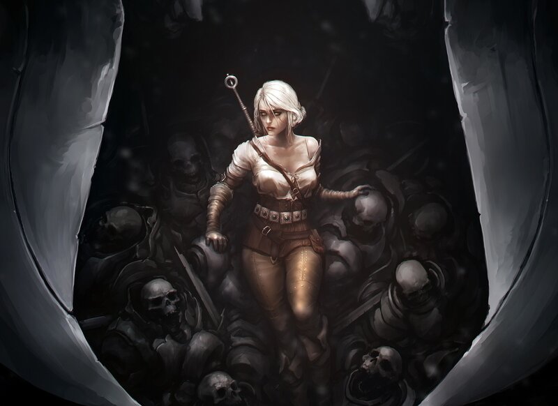 White-haired Woman with Sword — Black, Dramatic, Night, Digital Art
