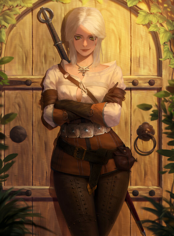 White-haired Woman with Sword — Brown, Calm
