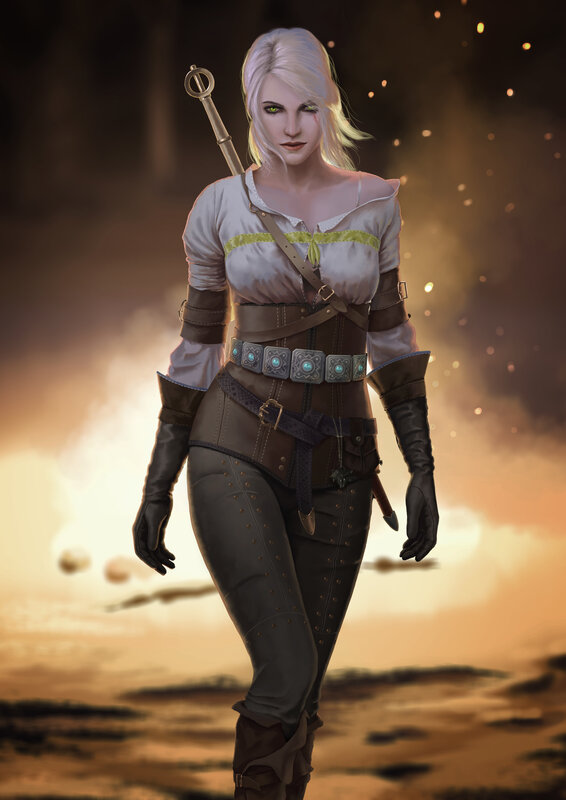 White-haired Woman with Sword — Brown, Dramatic
