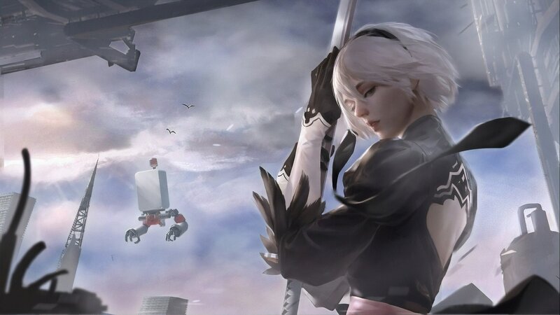 White-haired Woman with Sword — Gray, Dramatic, Afternoon