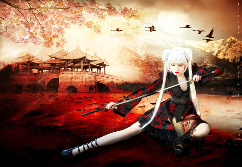 White-haired Woman with Sword — Red