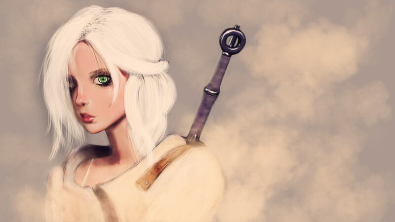 White-haired Woman with Sword — White, Dramatic, Digital Art