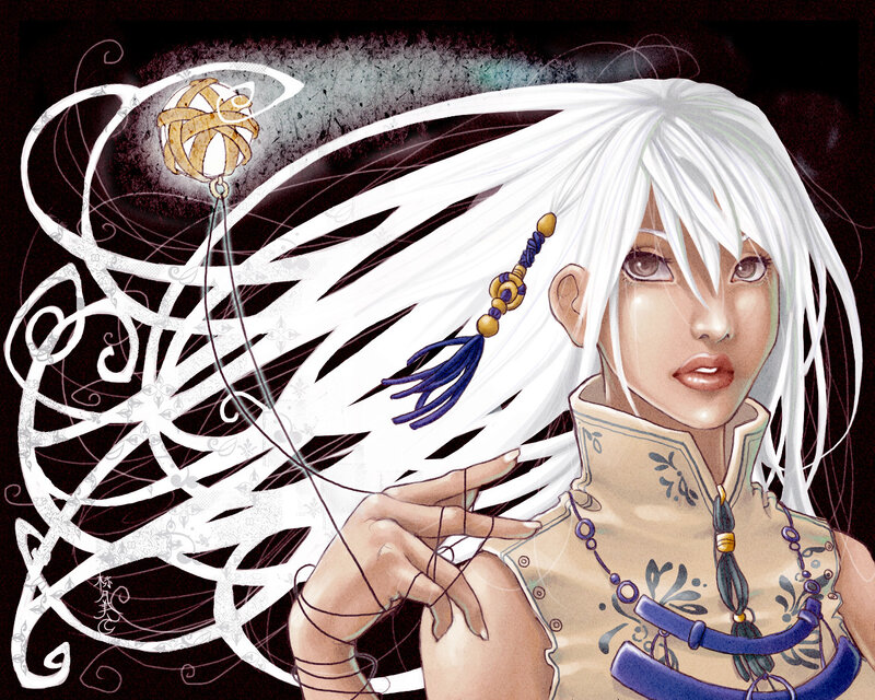 White-haired woman with tassel