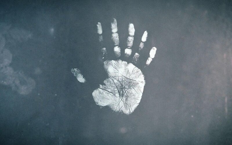 White Handprint on Dark Surface — Gray, Dramatic, Photograph, Dark Background