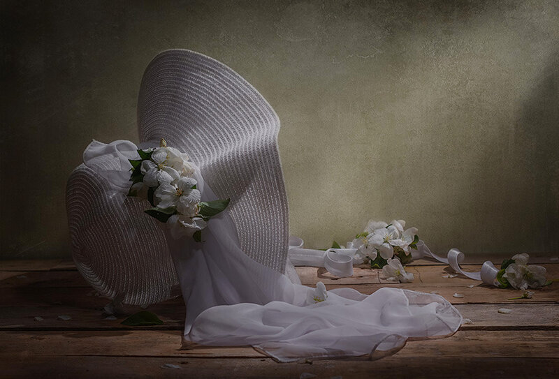 White Hat with Flowers — Dramatic