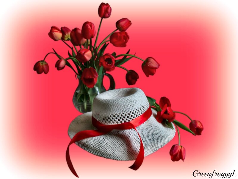 White Hat with Red Tulips