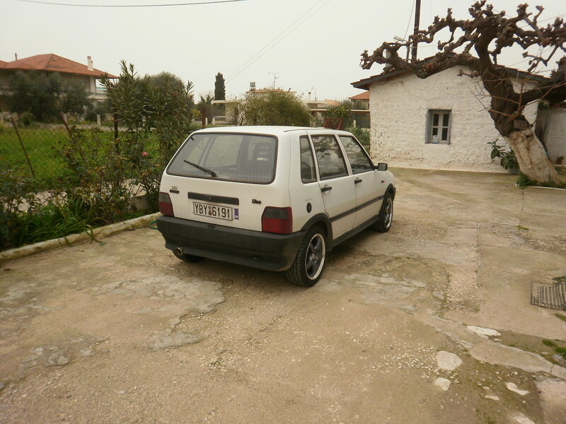 White Hatchback Car — Overcast, Photograph, Tree