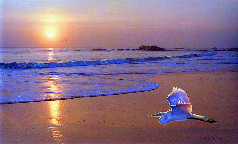 White Heron Flying — Blue
