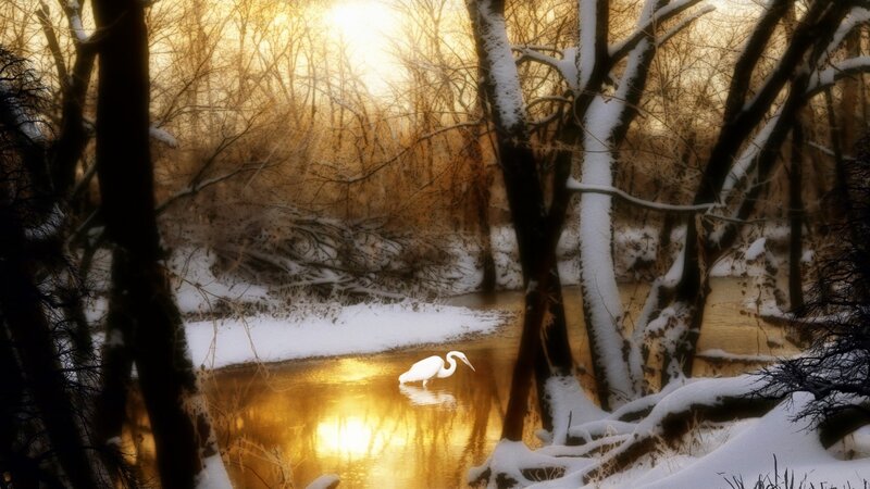 White Heron in River — Gold