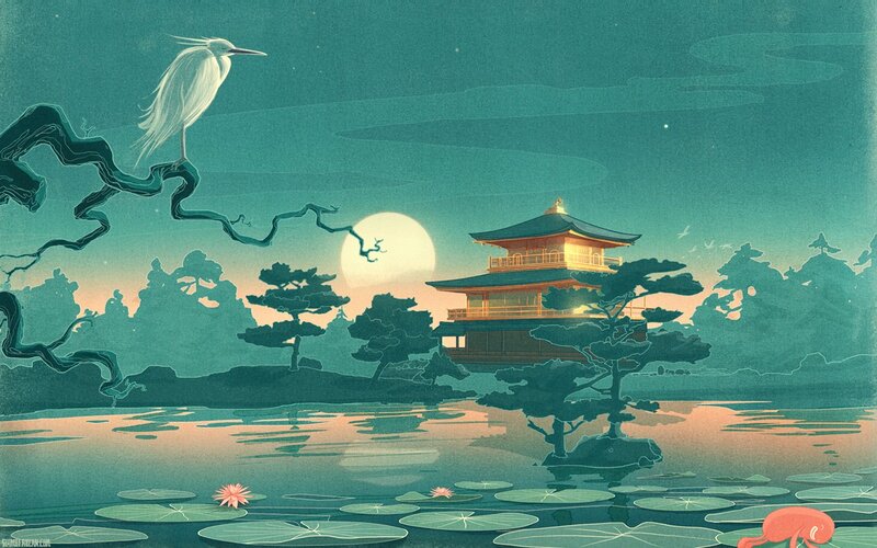 White Heron on Branch — Teal, Serene
