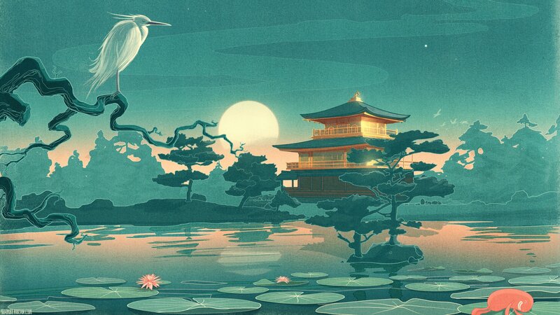 White Heron on Branch — Teal