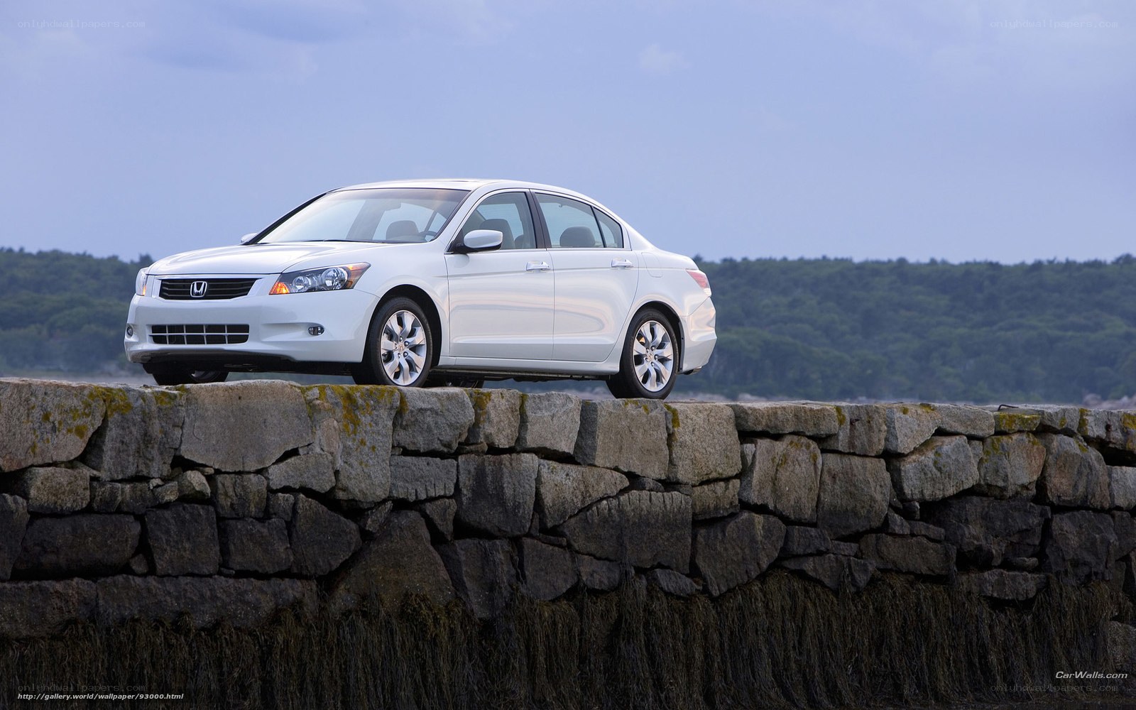 White Honda Accord on stone wall
