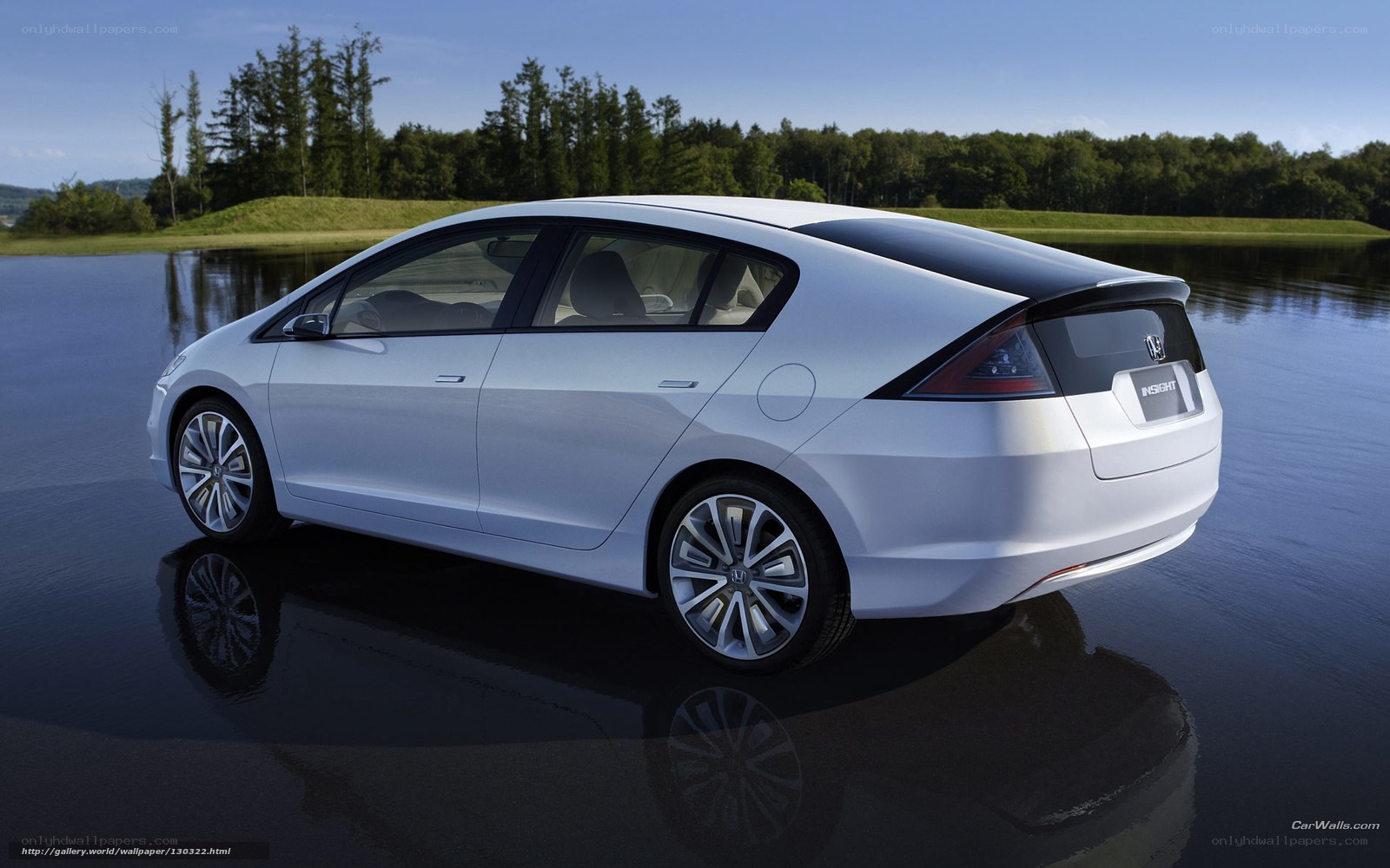 White Honda Insight by a lake