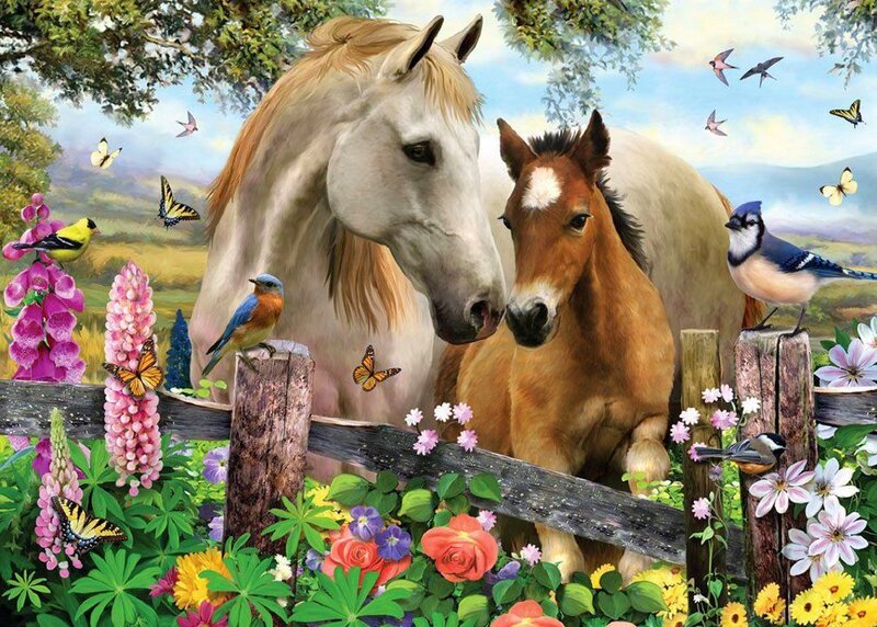 White Horse and Foal — Green, Serene, Spring, Illustration