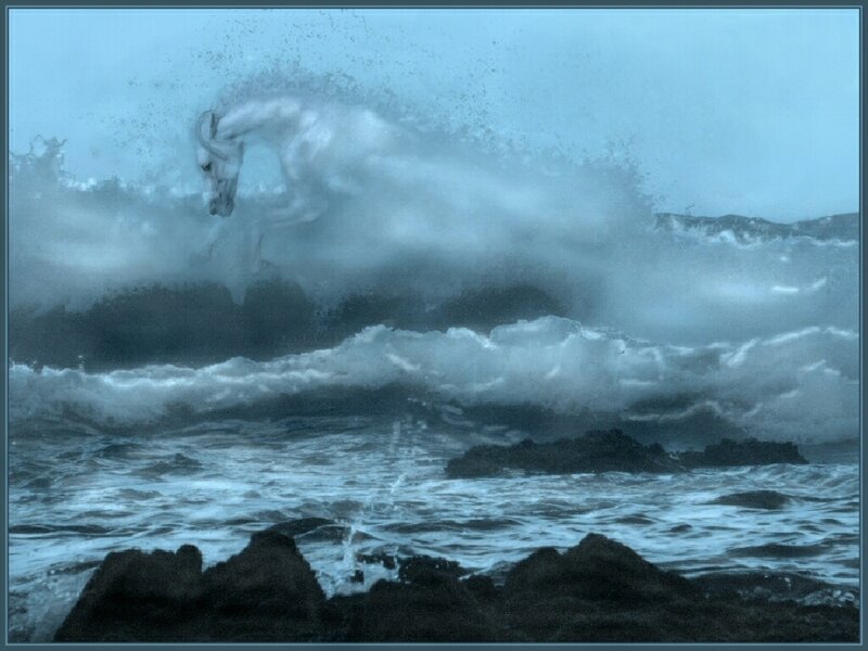 White horse emerging from waves
