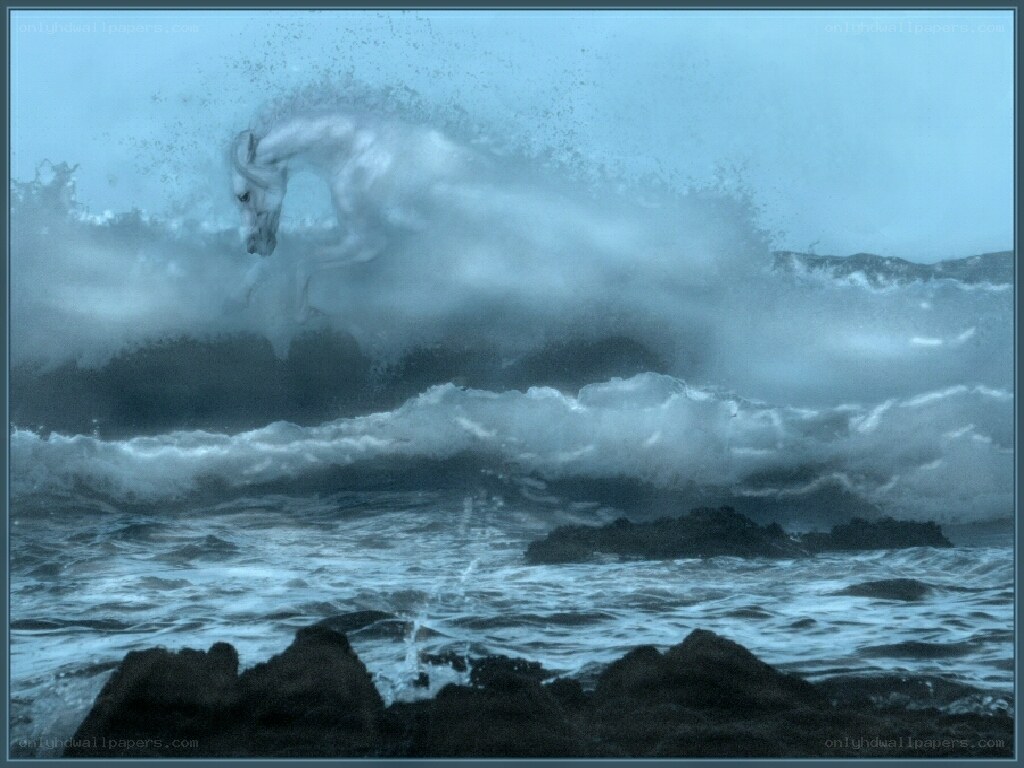 White horse emerging from waves