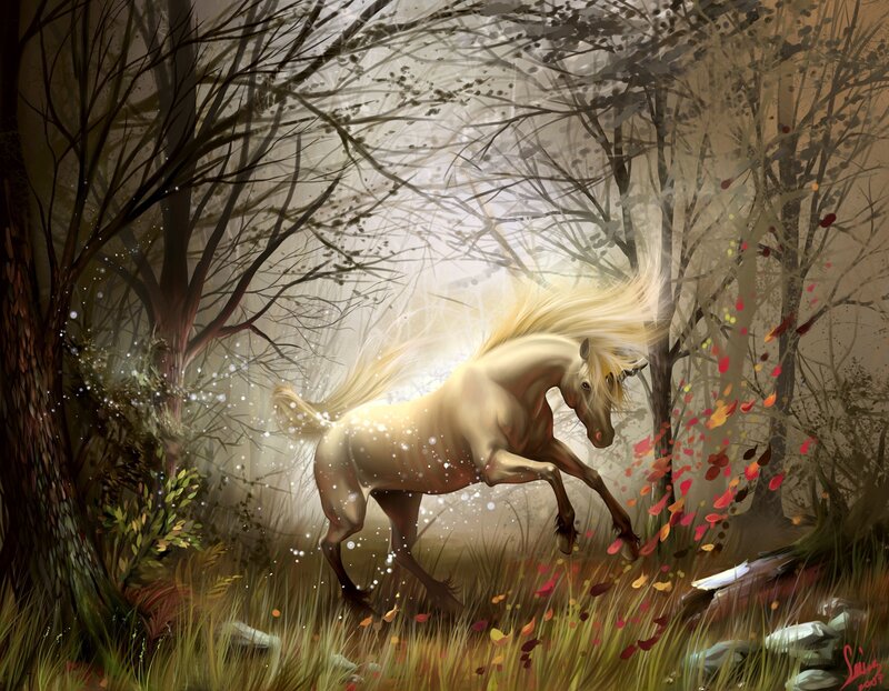 White horse in autumn forest