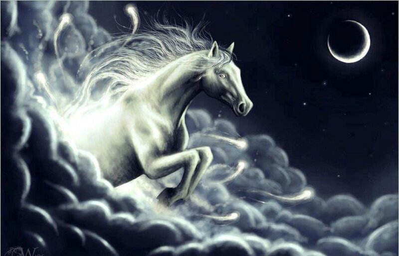 White Horse in Clouds — Dramatic, Night, Digital Art, Moon
