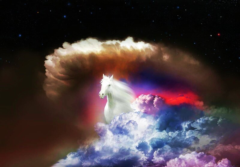 White Horse in Clouds — Dramatic, Night, Digital Art, Stars