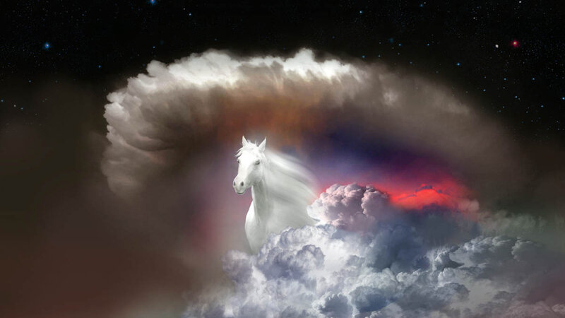 White Horse in Clouds — Dramatic, Night, Digital Art