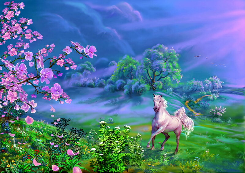 White Horse in Field — Purple, Serene, Spring