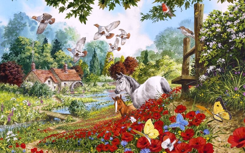 White Horse in Field — Red, Serene, Afternoon