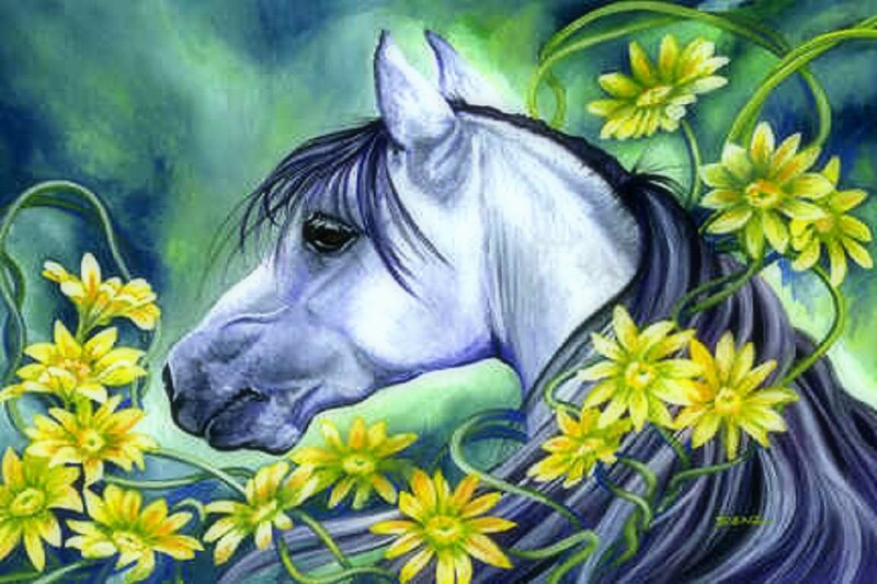 White Horse in Flowers — Yellow, Serene