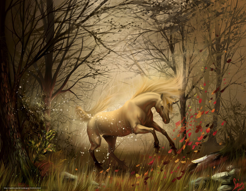 White Horse in Forest — Brown, Dramatic, Autumn, Digital Art