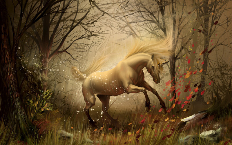 White Horse in Forest — Brown, Dramatic, Autumn