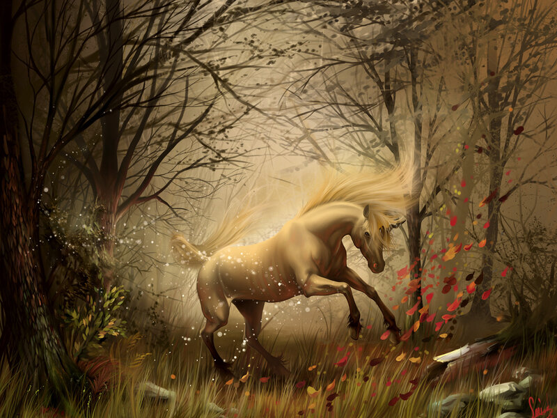 White Horse in Forest — Brown, Dramatic