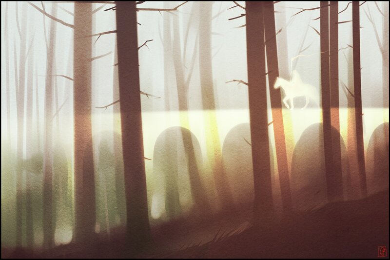 White Horse in Forest — Brown, Serene, Sunset