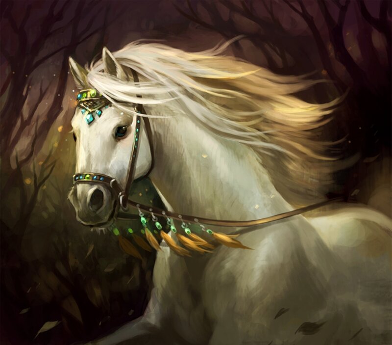 White Horse in Forest — Dramatic, Night