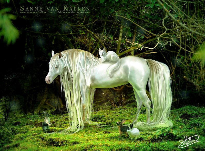 White Horse in Forest — Green, Serene, Night