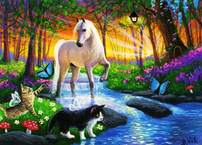 White Horse in Forest — Green, Serene, Sunset