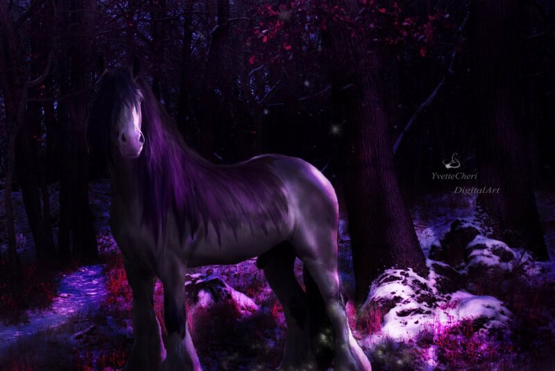 White Horse in Forest — Purple, Mystical