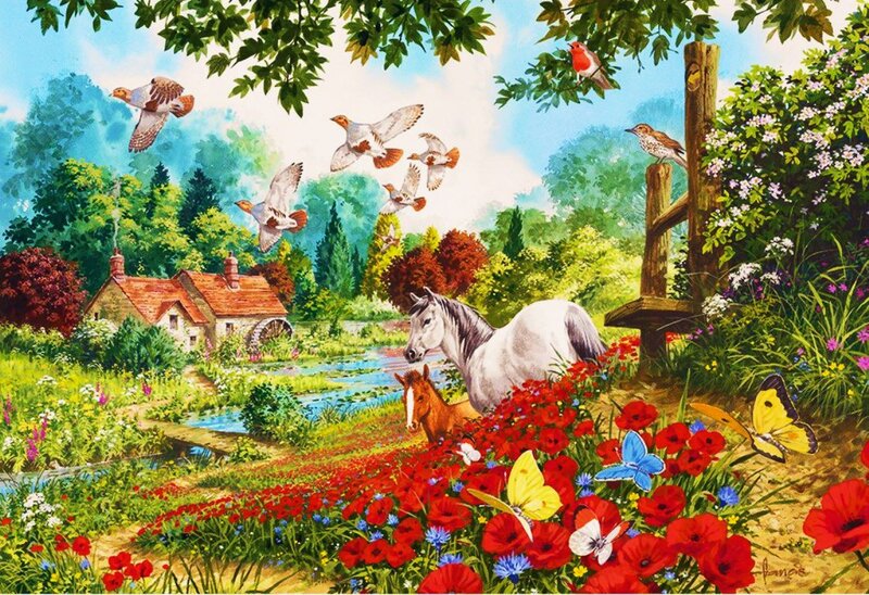White Horse in Garden — Red