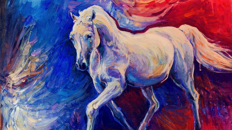 White Horse in Motion — Blue, Dramatic, Painting