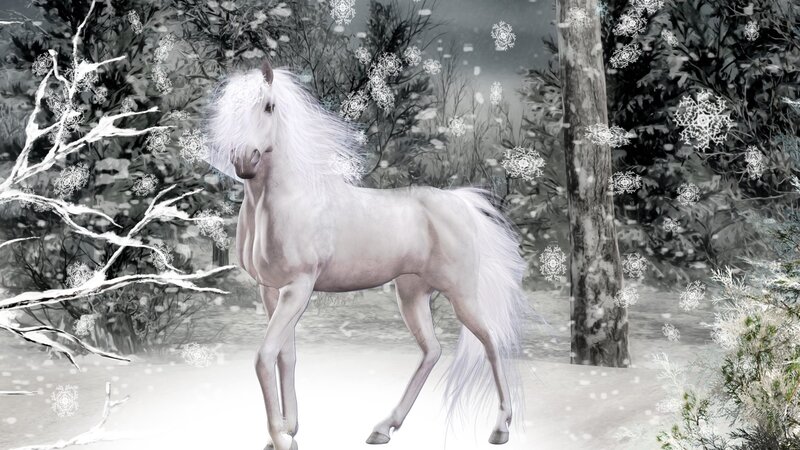 White Horse in Snow — Serene, Winter, Digital Art, Snowflakes