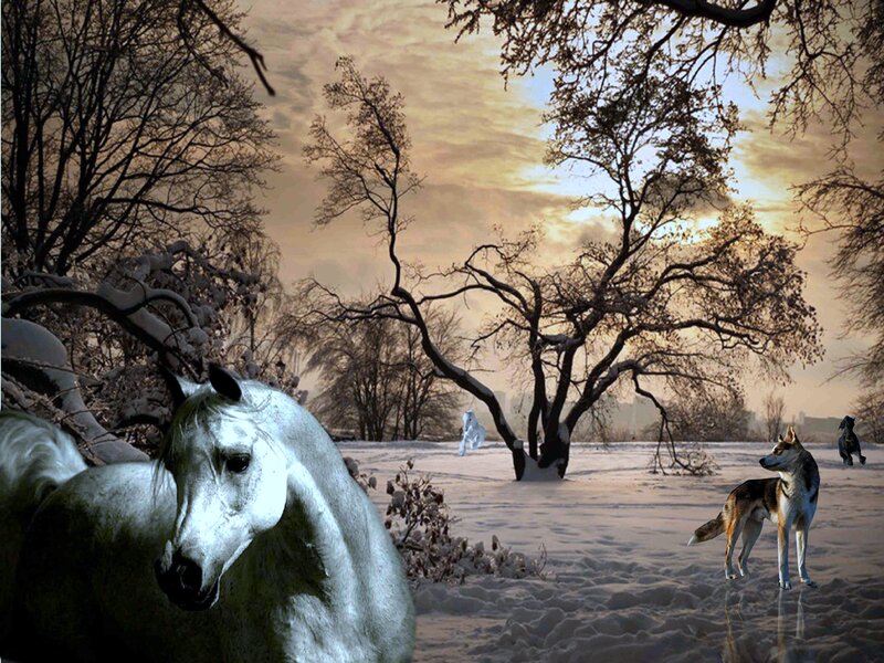 White Horse in Snow — Serene, Winter, Digital Art